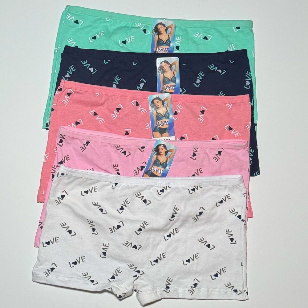 J&M underwear navy blue, white, light pink, pink and green with "love" signs